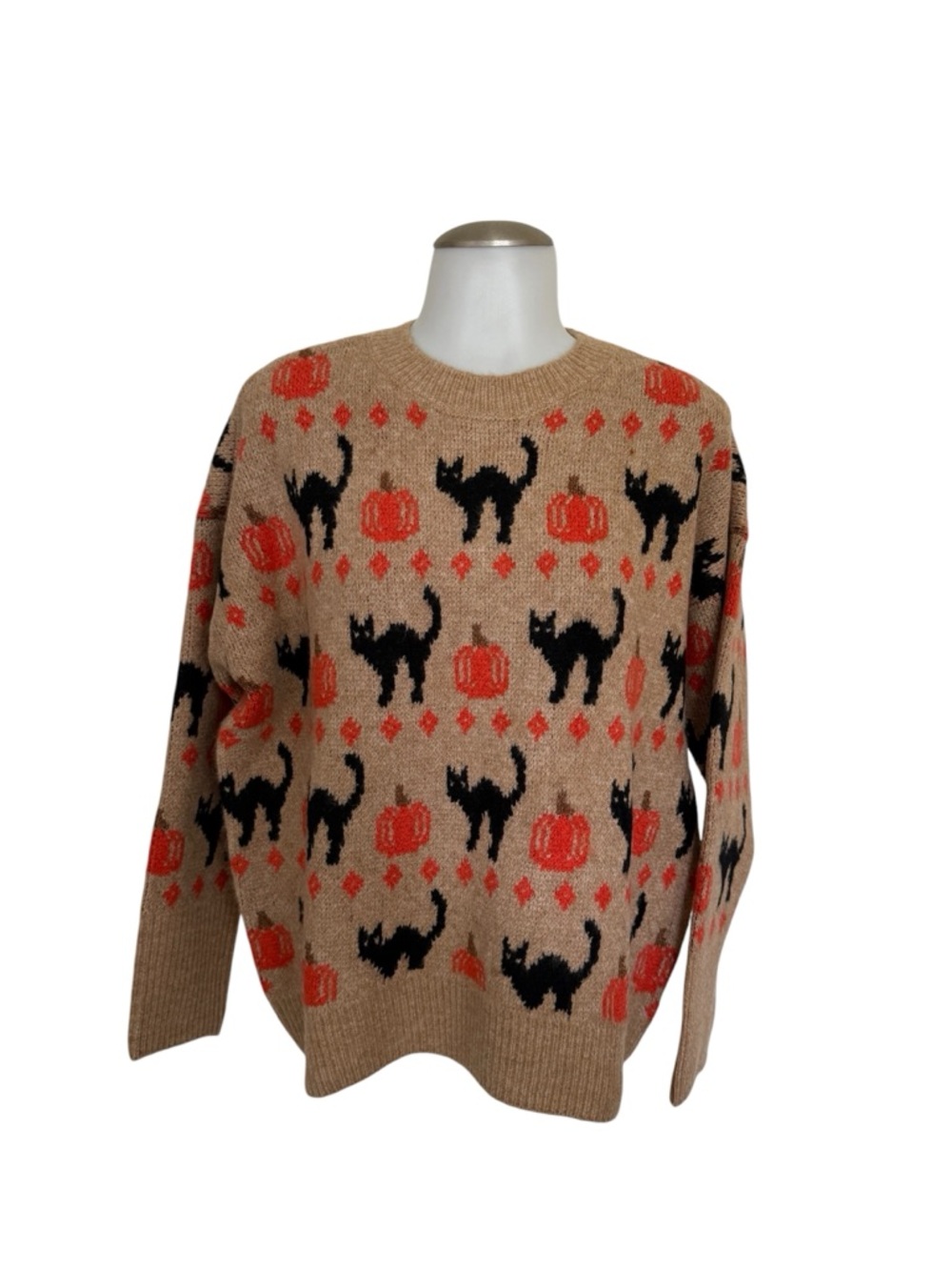 Vince Camuto Cosy Halloween Sweater with Black Cats & Orange Pumpkins Small